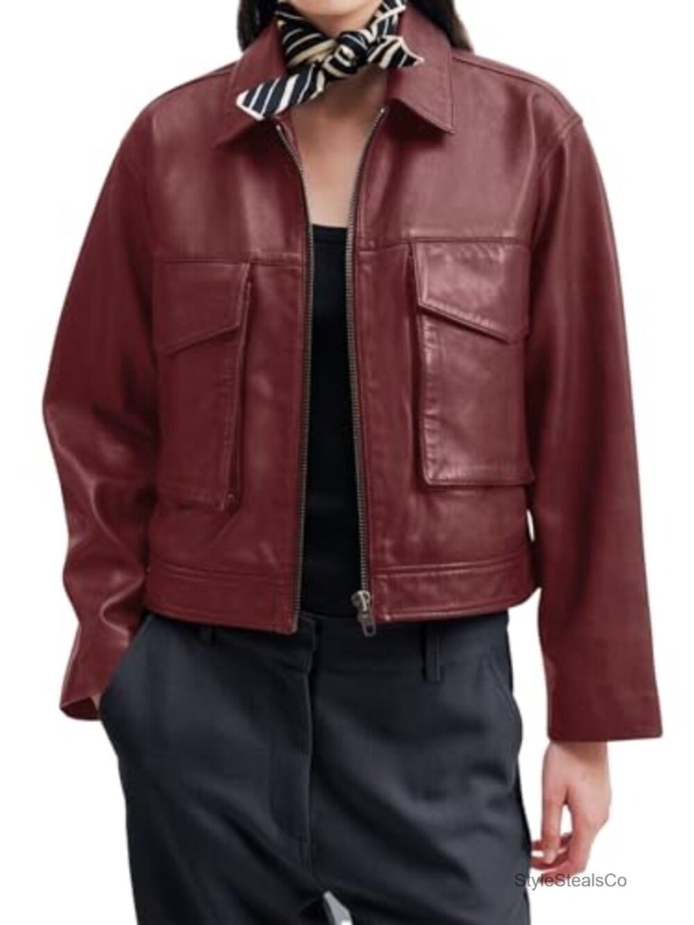 Faux Leather Motorcycle Bomber Jacket Zip Up Cropped Coat